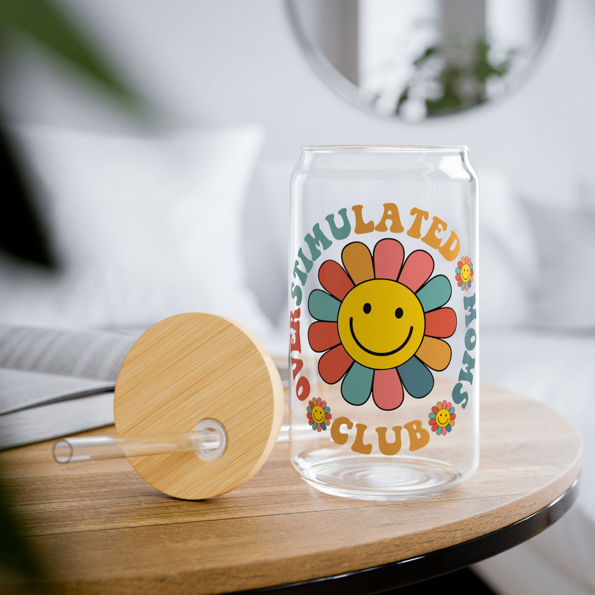 Smiley Flower Overstimulated Moms Club Sipper Glass 16oz Reusable Drink Jar with Lid & Straw