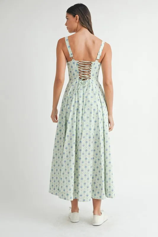 MABLE Floral Print Bustier Back Lace Up Midi Dress - Sydney So Sweet