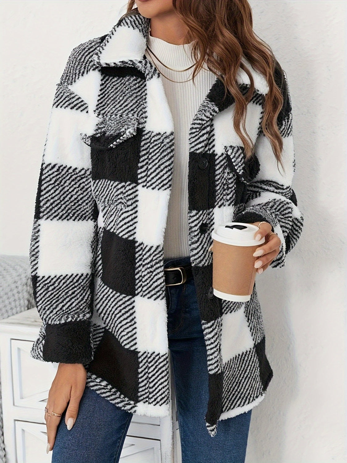 Plaid Button Up Long Sleeve Fuzzy Jacket - Sydney So Sweet