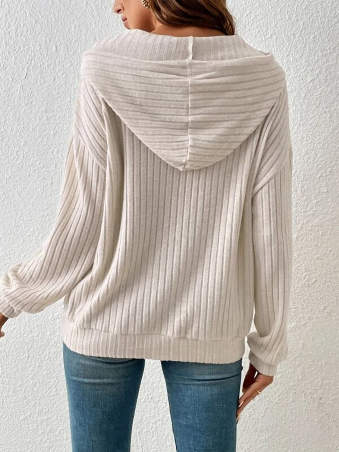 Ribbed Dropped Shoulder Drawstring Hoodie - Sydney So Sweet