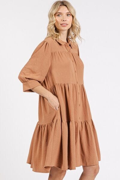 Mittoshop Button Detail Collared Neck Tiered Shirt Dress - Sydney So Sweet