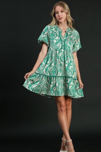 Umgee Full Size Printed Notched Puff Sleeve Mini Dress Plus Size - Sydney So Sweet