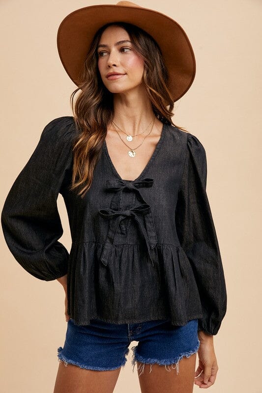 Annie Wear Tie Front Peplum Long Sleeve Denim Top - Sydney So Sweet