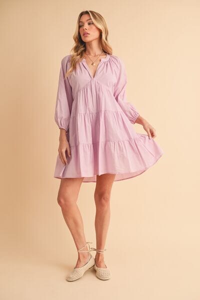 Aemi + Co Notched Balloon Sleeve Tiered Mini Dress - Sydney So Sweet