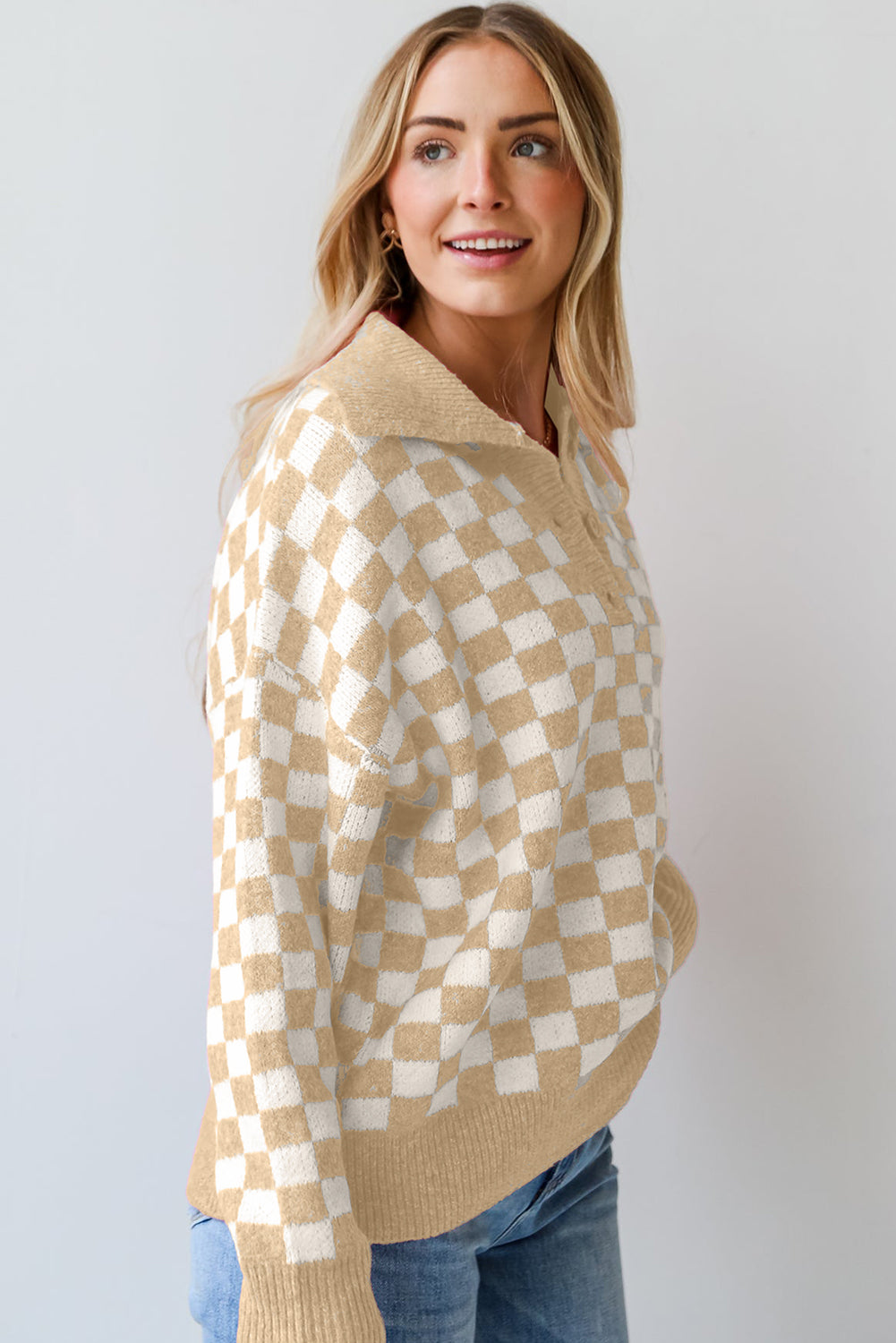 Checkered Collared Neck Long Sleeve Sweater - Sydney So Sweet