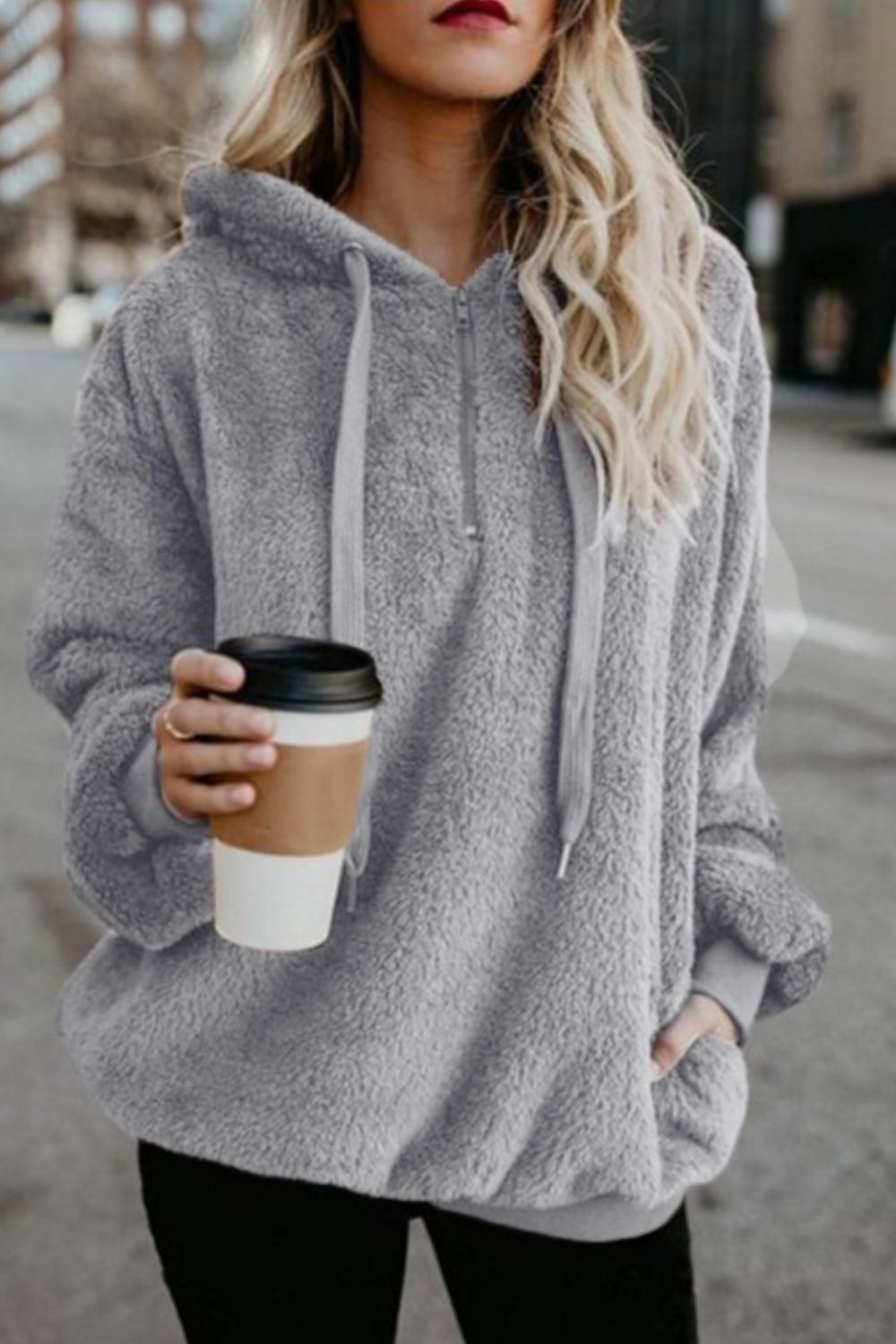 Full Size Quarter-Zip Drawstring Teddy Hoodie - Sydney So Sweet