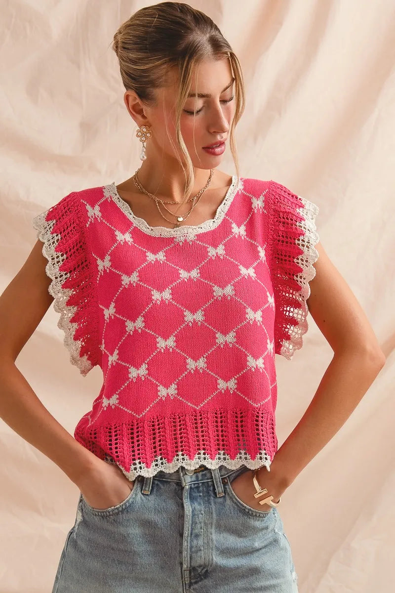 SO ME Bow Ribbon Pattern Sweater Top with Back Key Hole - Sydney So Sweet