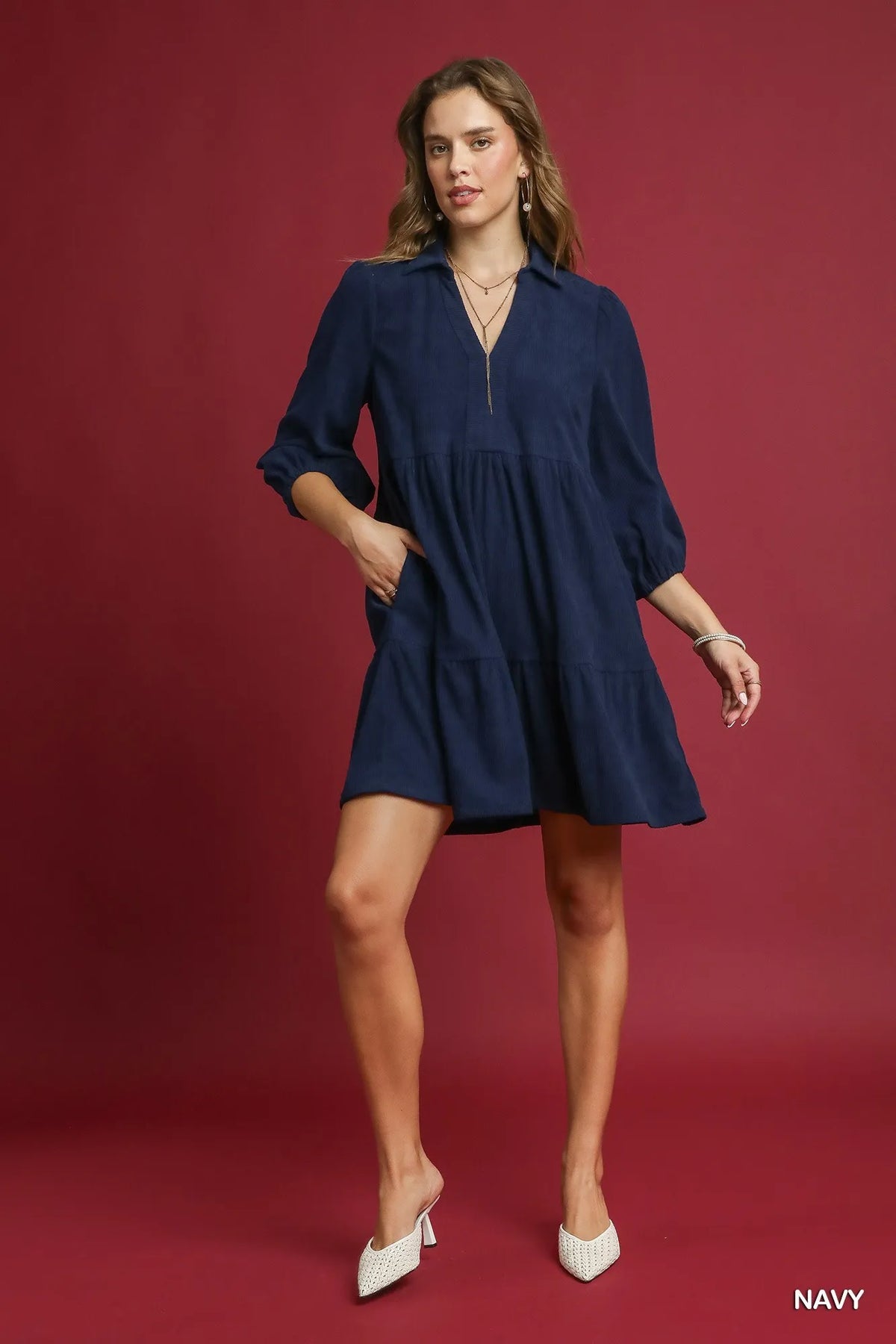 Umgee Tiered Corduroy Mini Dress with Balloon Sleeves - Sydney So Sweet