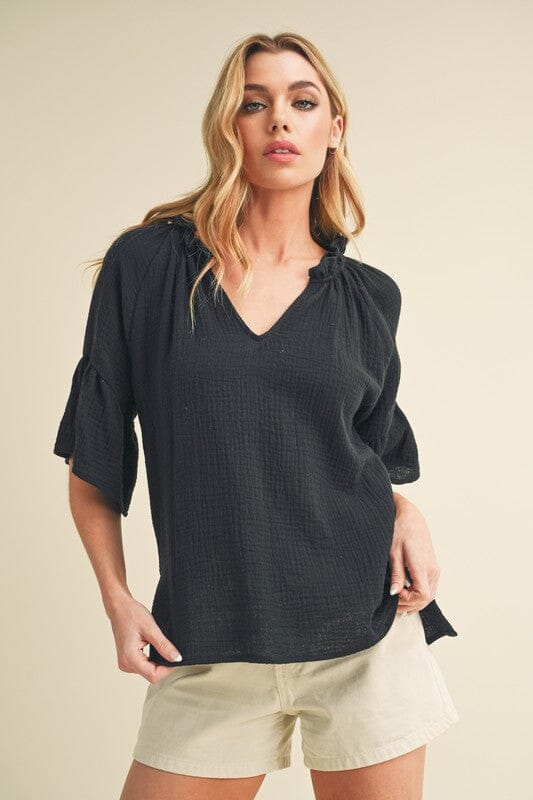 Aemi + Co Side Slit Notched Ruffled Half Sleeve Blouse - Sydney So Sweet