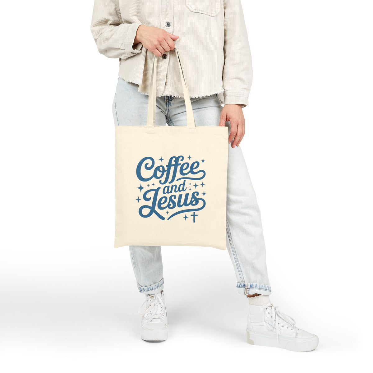 Coffee and Jesus Blue Christian Cotton Canvas Tote Bag