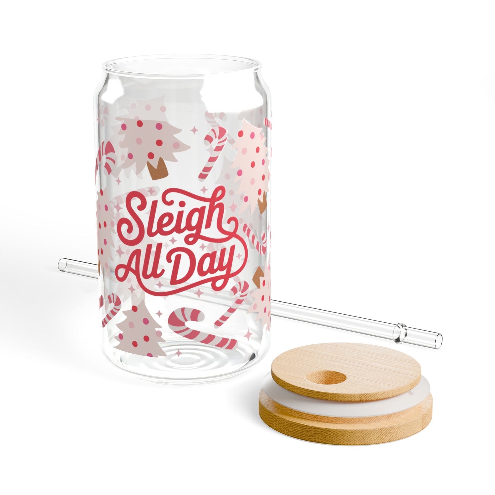 Sleight All Day Christmas Sipper Glass 16oz Reusable Drink Jar with Lid & Straw