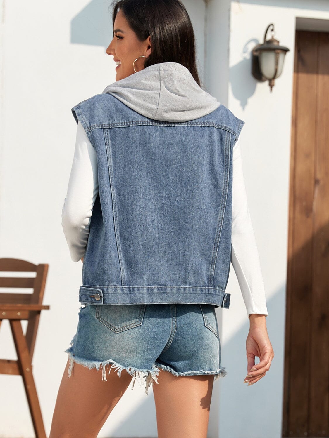 Pocketed Button Up Hooded Denim Jacket - Sydney So Sweet