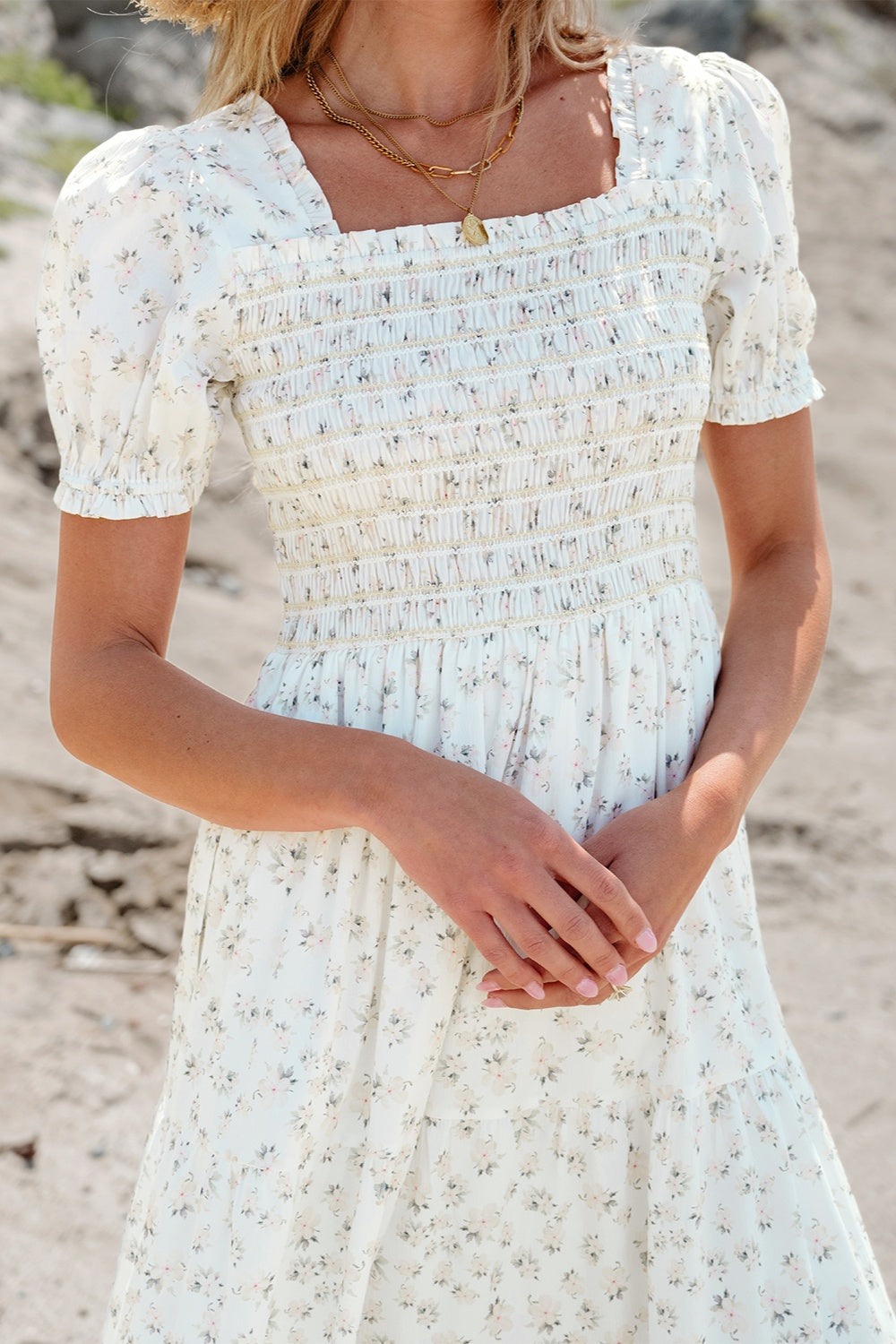 Smocked Printed Square Neck Short Sleeve Dress - Sydney So Sweet