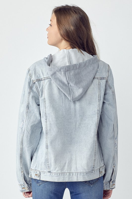 RISEN Full Size Distressed Drawstring Hooded Denim Jacket - Sydney So Sweet