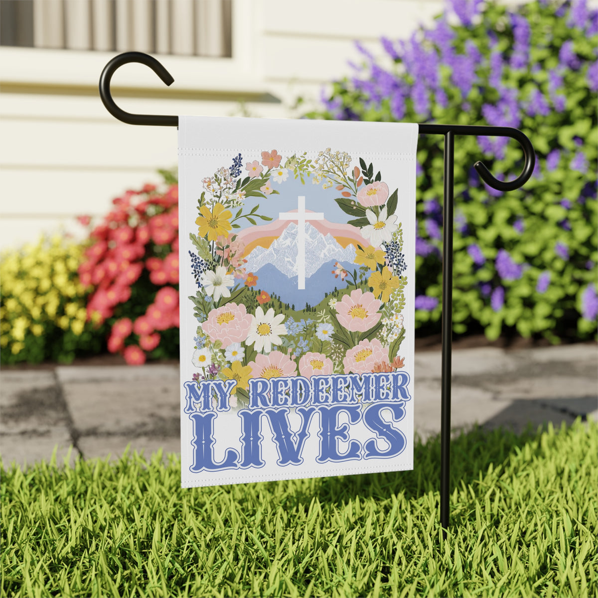 My Redeemer Lives Garden Flag Floral Cross Yard Banner