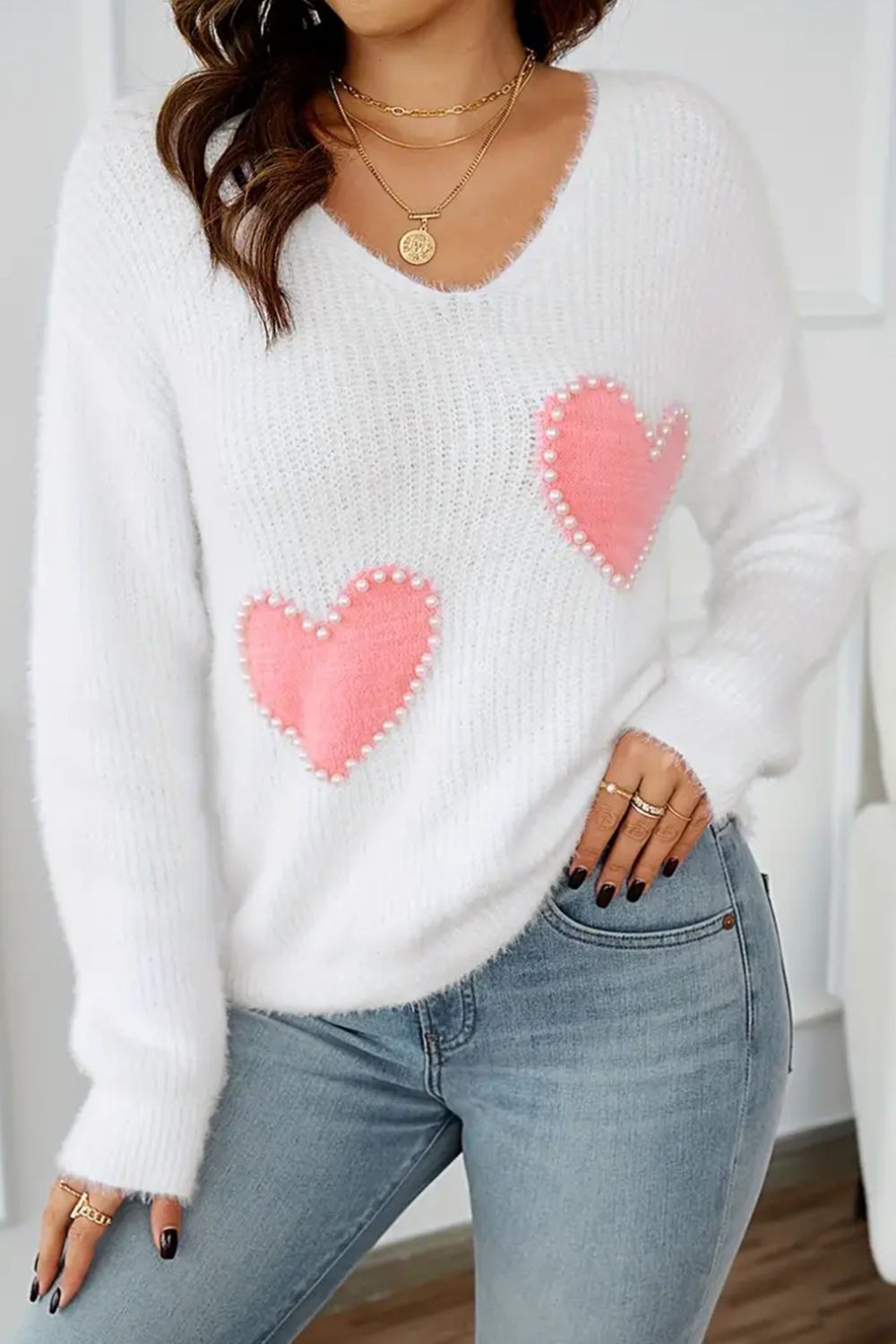 Heart V-Neck Long Sleeve Sweater - Sydney So Sweet