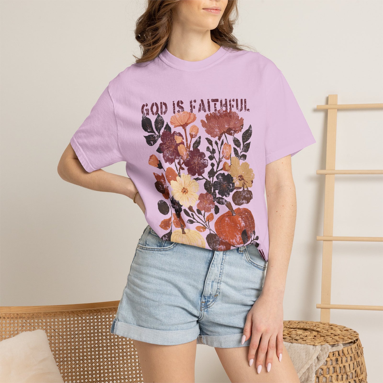 God is Faithful Floral Pumpkin T-Shirt Christian Distressed Fall Graphic Tee