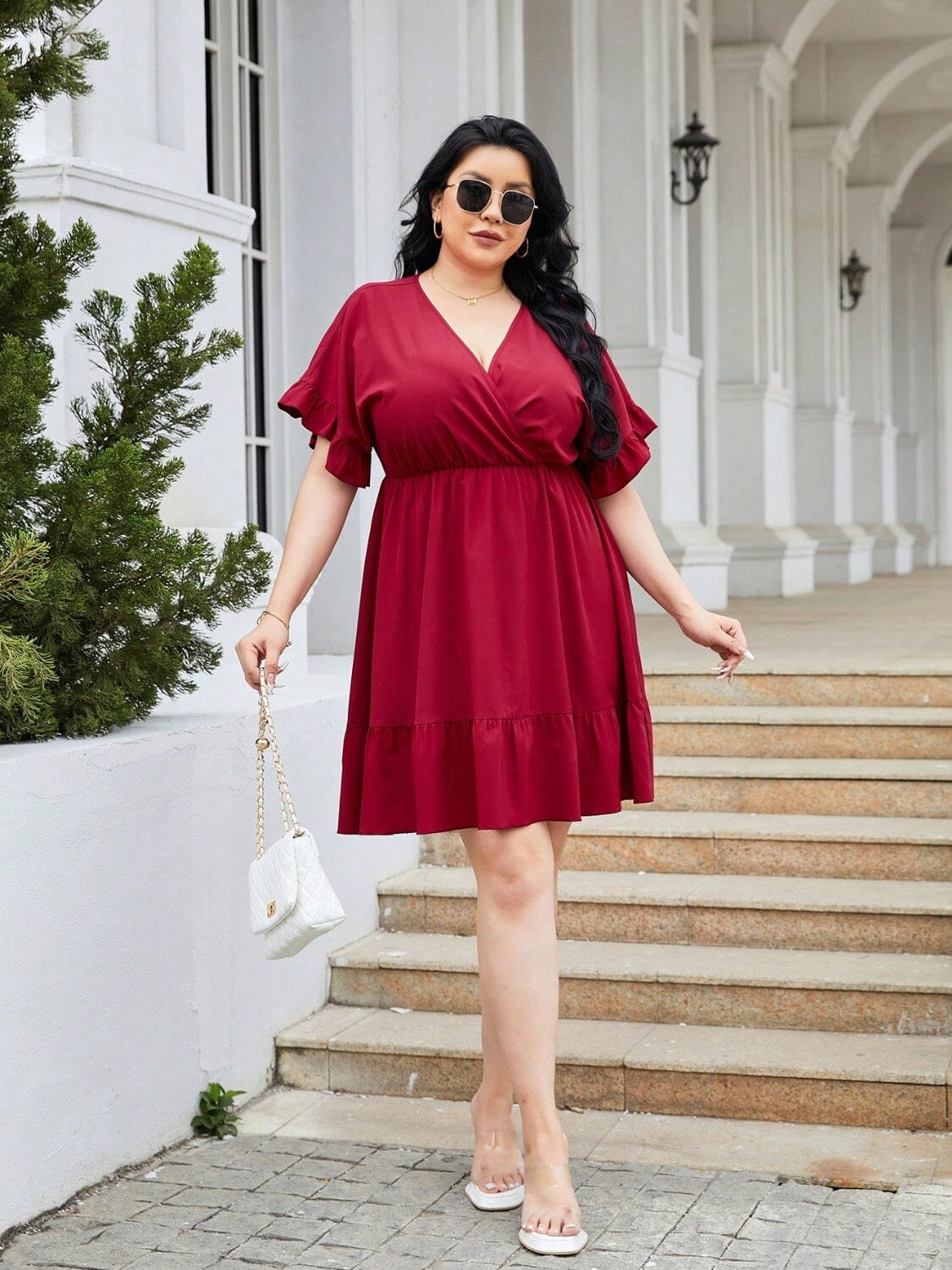 Plus Size Ruched Surplice Flounce Sleeve Mini Dress - Sydney So Sweet