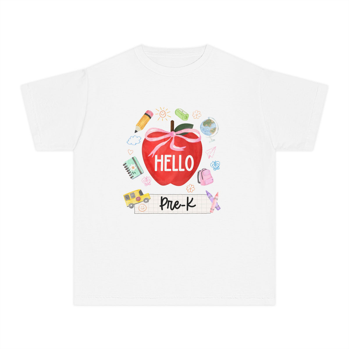 Hello Pre-K Preppy Coquette Apple Graphic Tee Back to School Pre-K T-Shirt
