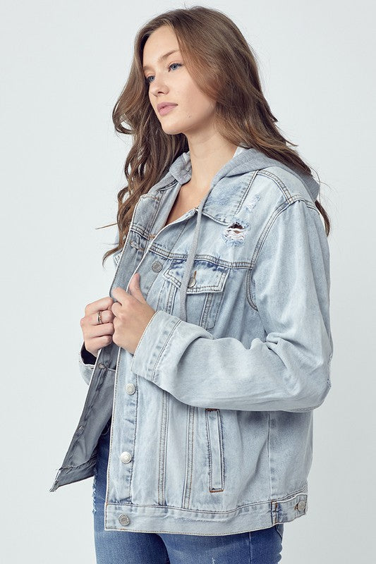 RISEN Full Size Distressed Drawstring Hooded Denim Jacket - Sydney So Sweet