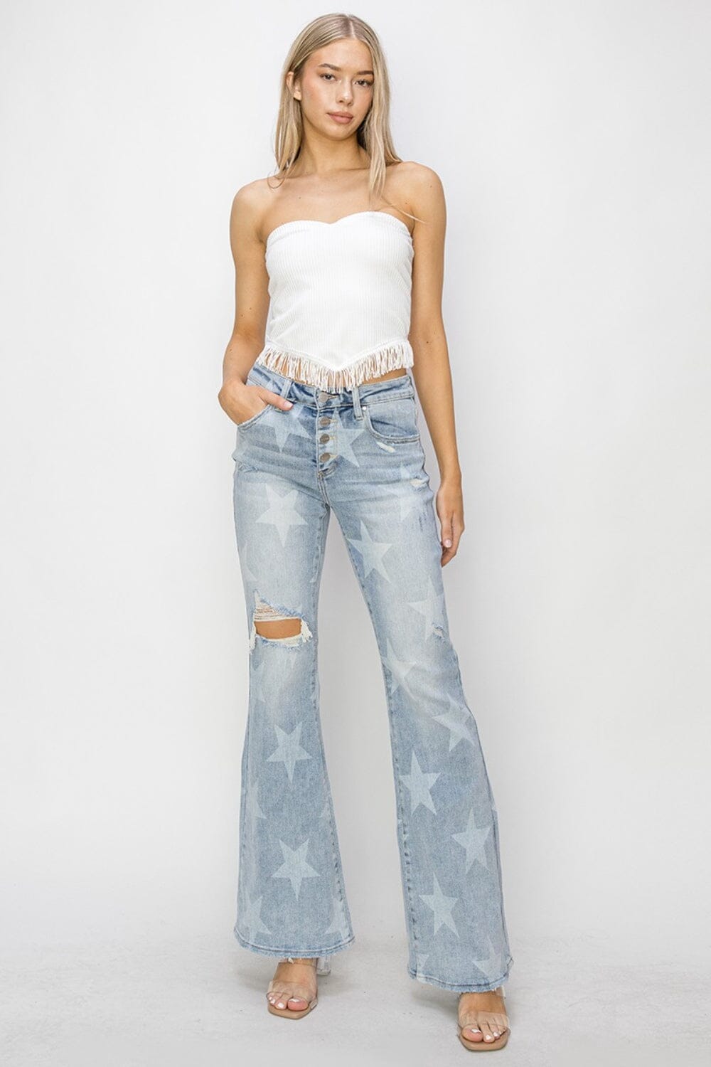 RISEN Mid Rise Button Fly Start Print Flare Jeans - Sydney So Sweet