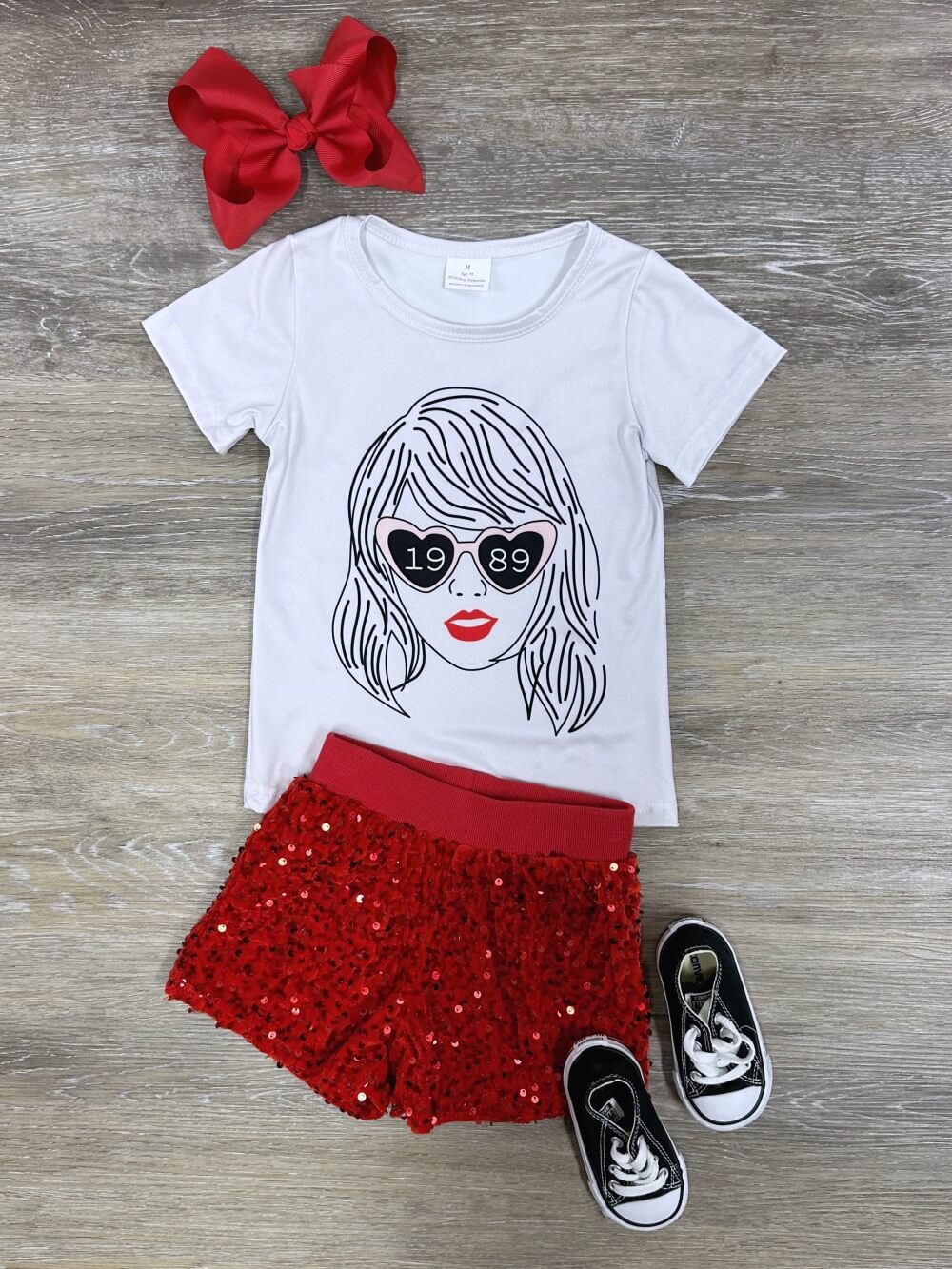 1989 Heart Glasses Red Sequin Girls Shorts Outfit