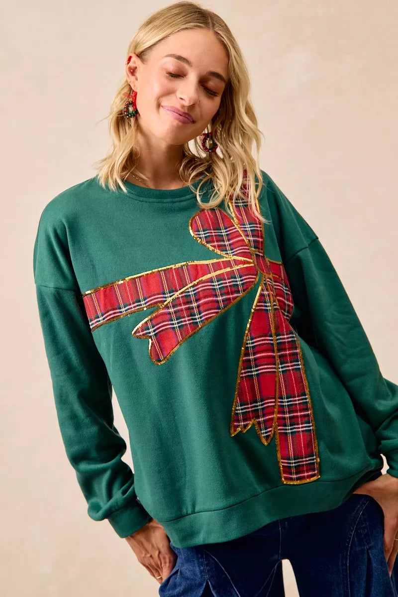 BiBi Plaid Ribbon Bow Detail Christmas Fleece Pullover - Sydney So Sweet