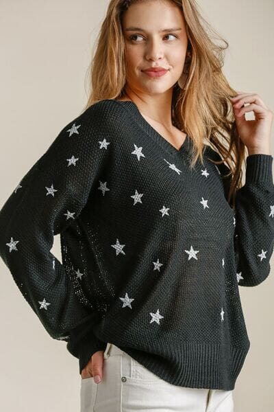 Umgee Full Size Star V-Neck Long Sleeve Sweater Plus Size - Sydney So Sweet