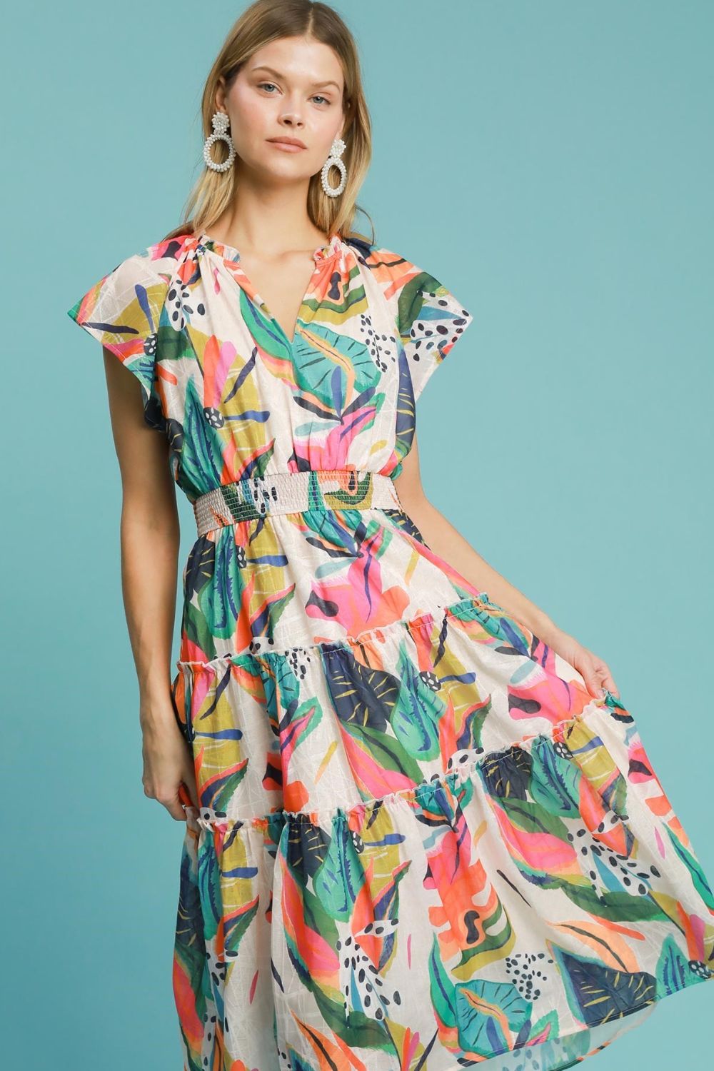 Umgee Full Size Leaf Print Cap Sleeve Tiered Midi Dress Plus Size - Sydney So Sweet