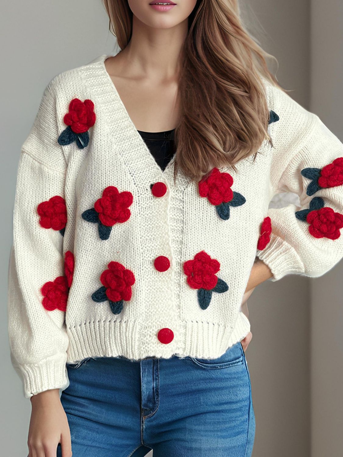 Flower Button Down V-Neck Long Sleeve Cardigan - Sydney So Sweet