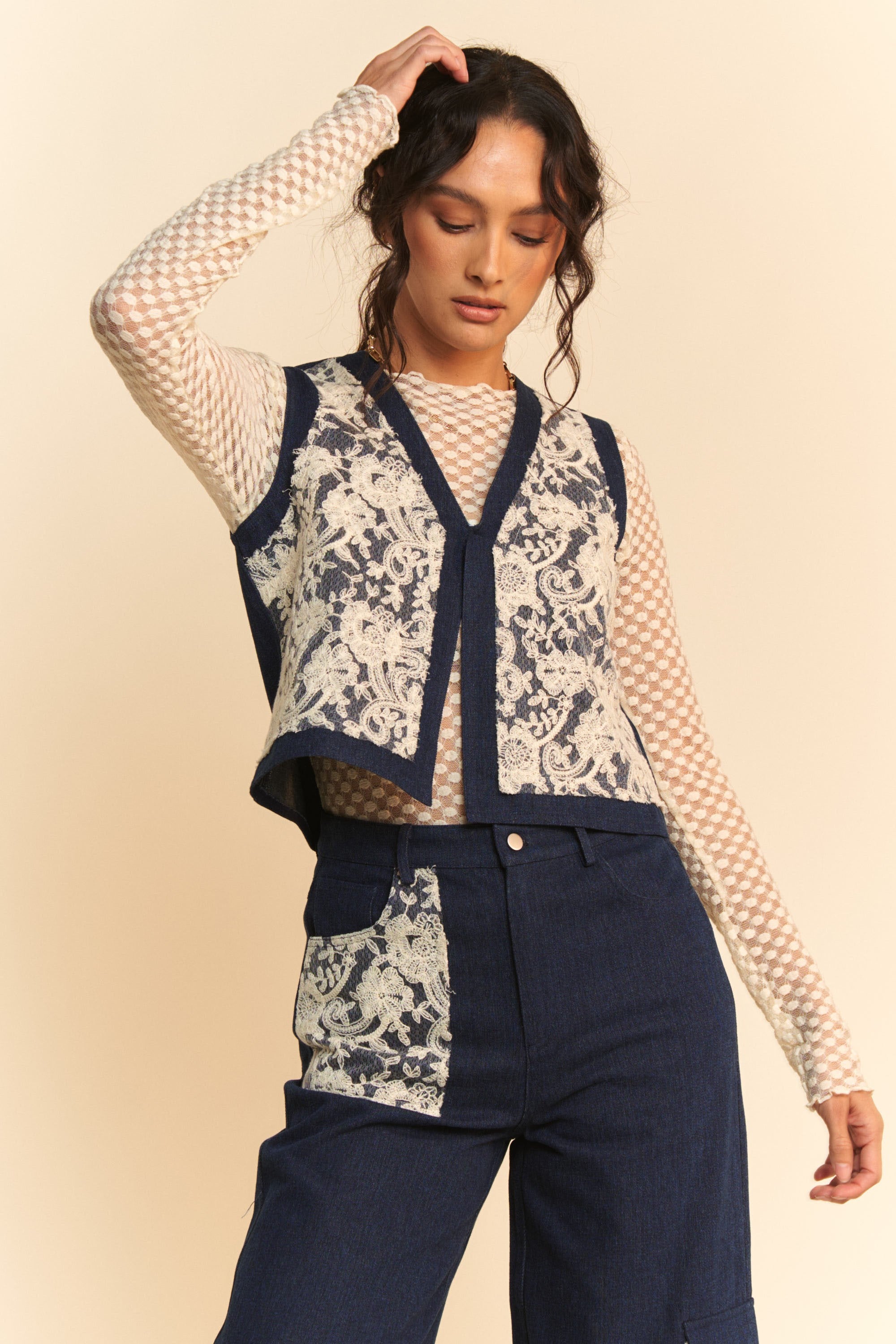 Davi & Dani Lace Patch Open Front Denim Vest - Sydney So Sweet