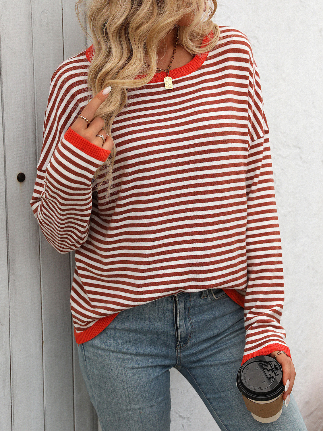 Mandy Striped Round Neck Long Sleeve Sweater - Sydney So Sweet