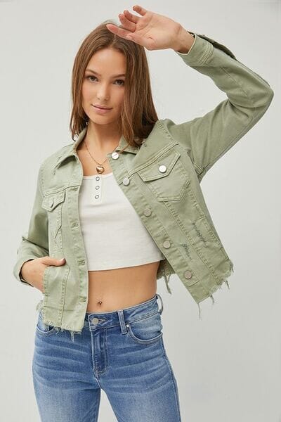 RISEN Full Size Raw Hem Button Up Cropped Denim Jacket Plus Size - Sydney So Sweet