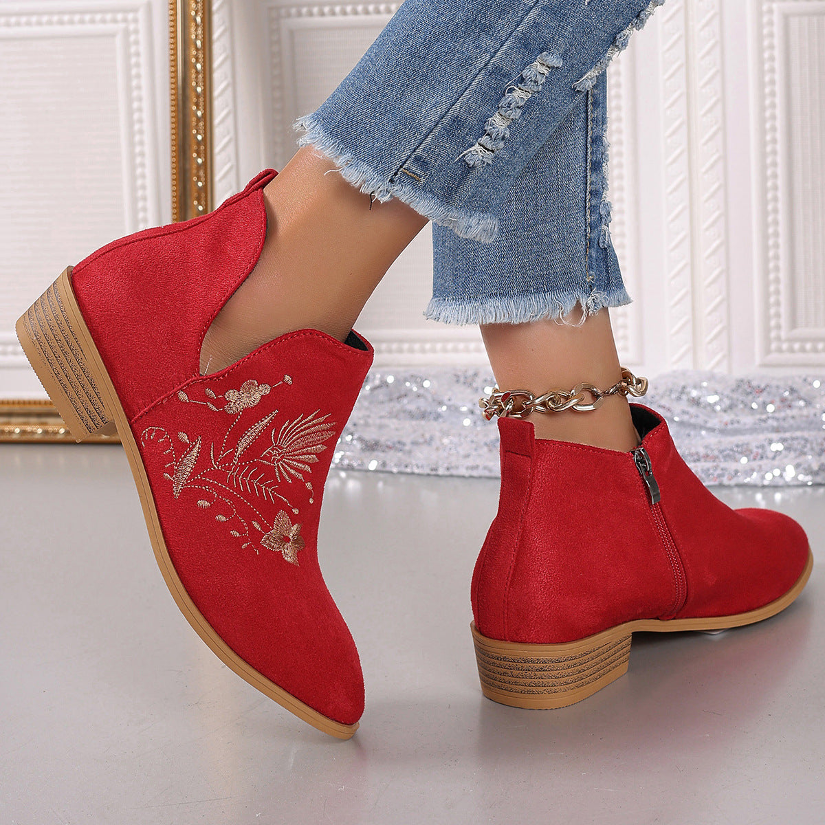 Embroidered Suede Point Toe Block Heel Boots - Sydney So Sweet