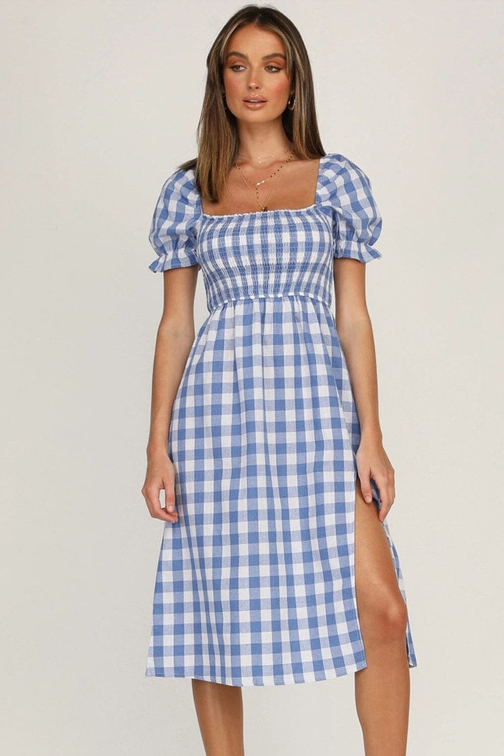 Full Size Slit Plaid Short Sleeve Midi Dress - Sydney So Sweet