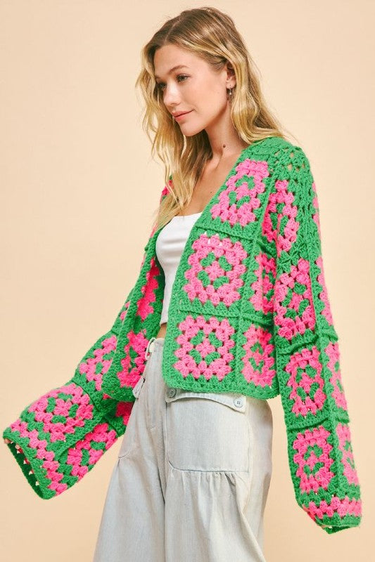 Davi & Dani Full Size Two Tone Flower Square Crochet Open Front Cardigan - Sydney So Sweet