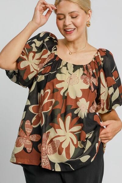 Umgee Full Size Print Round Neck Puff Sleeve Top Plus Size - Sydney So Sweet