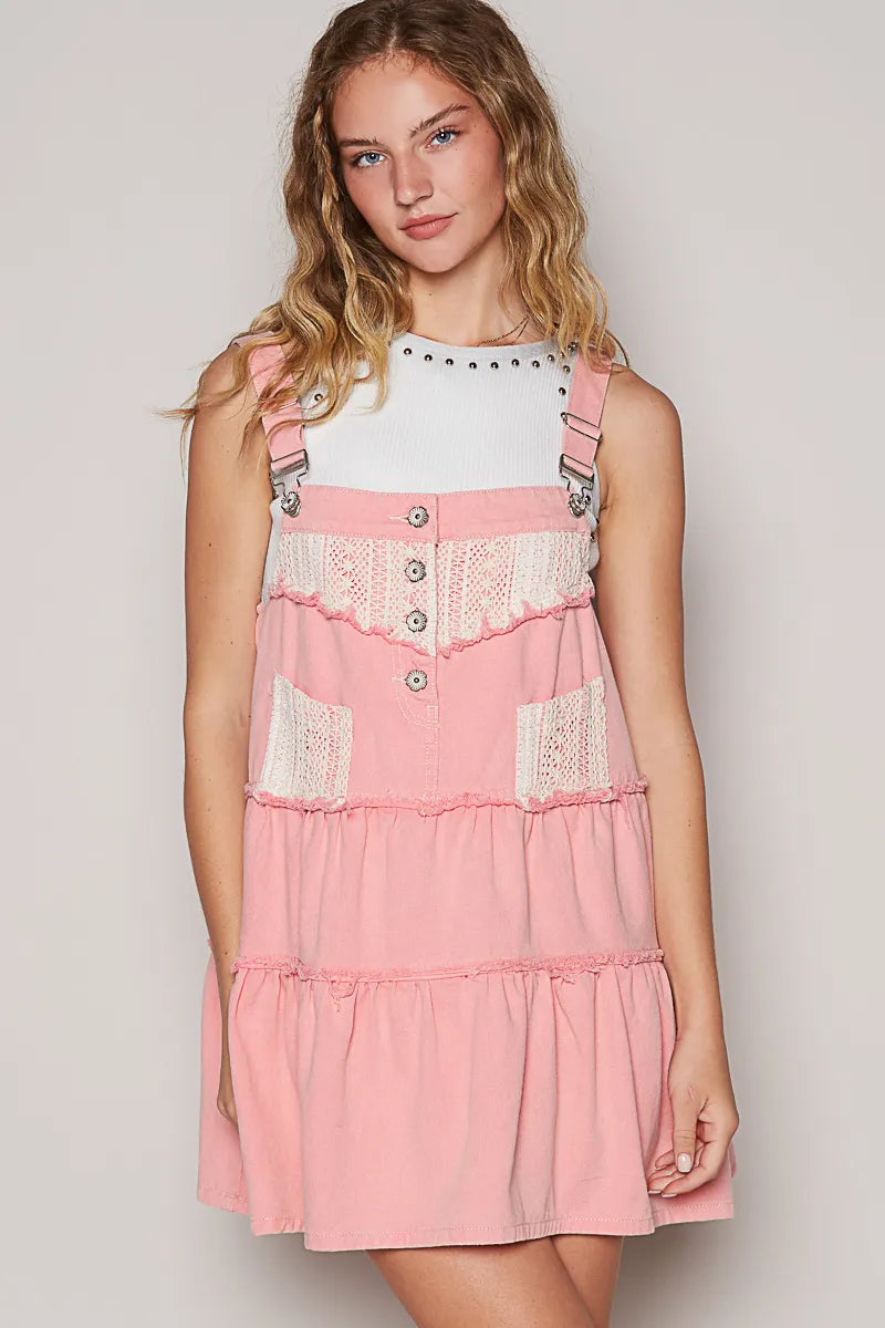 POL Lace Patchwork Detail Denim Overall Dress - Sydney So Sweet
