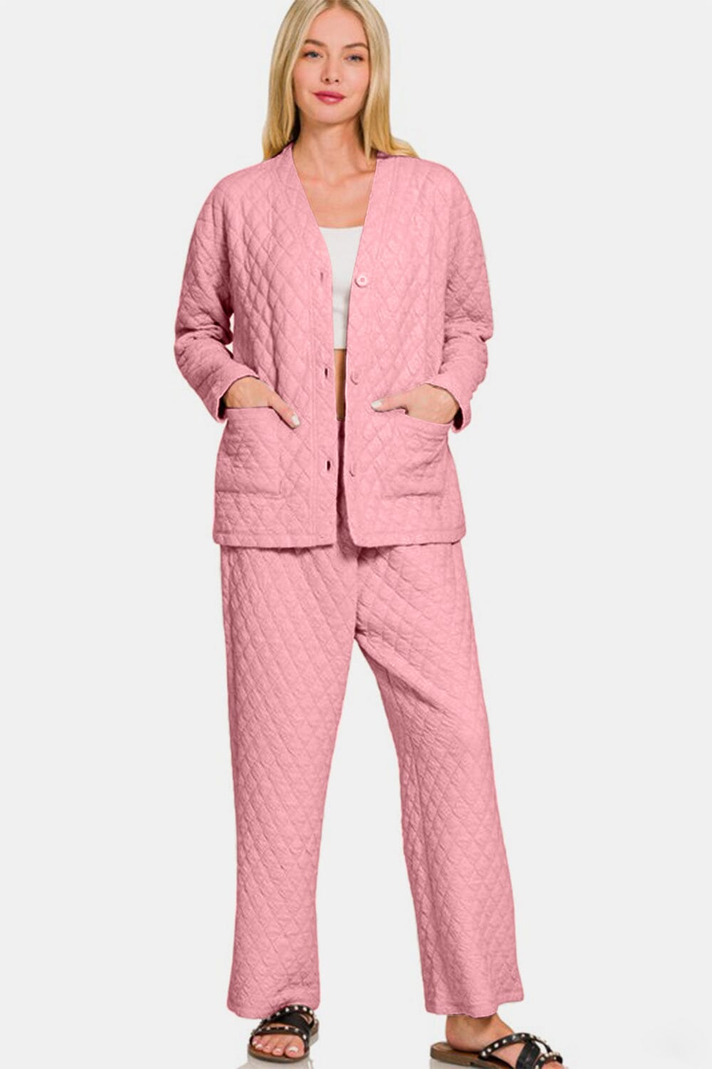 Zenana Quilted Button Up Long Sleeve Top and Pants Lounge Set - Sydney So Sweet