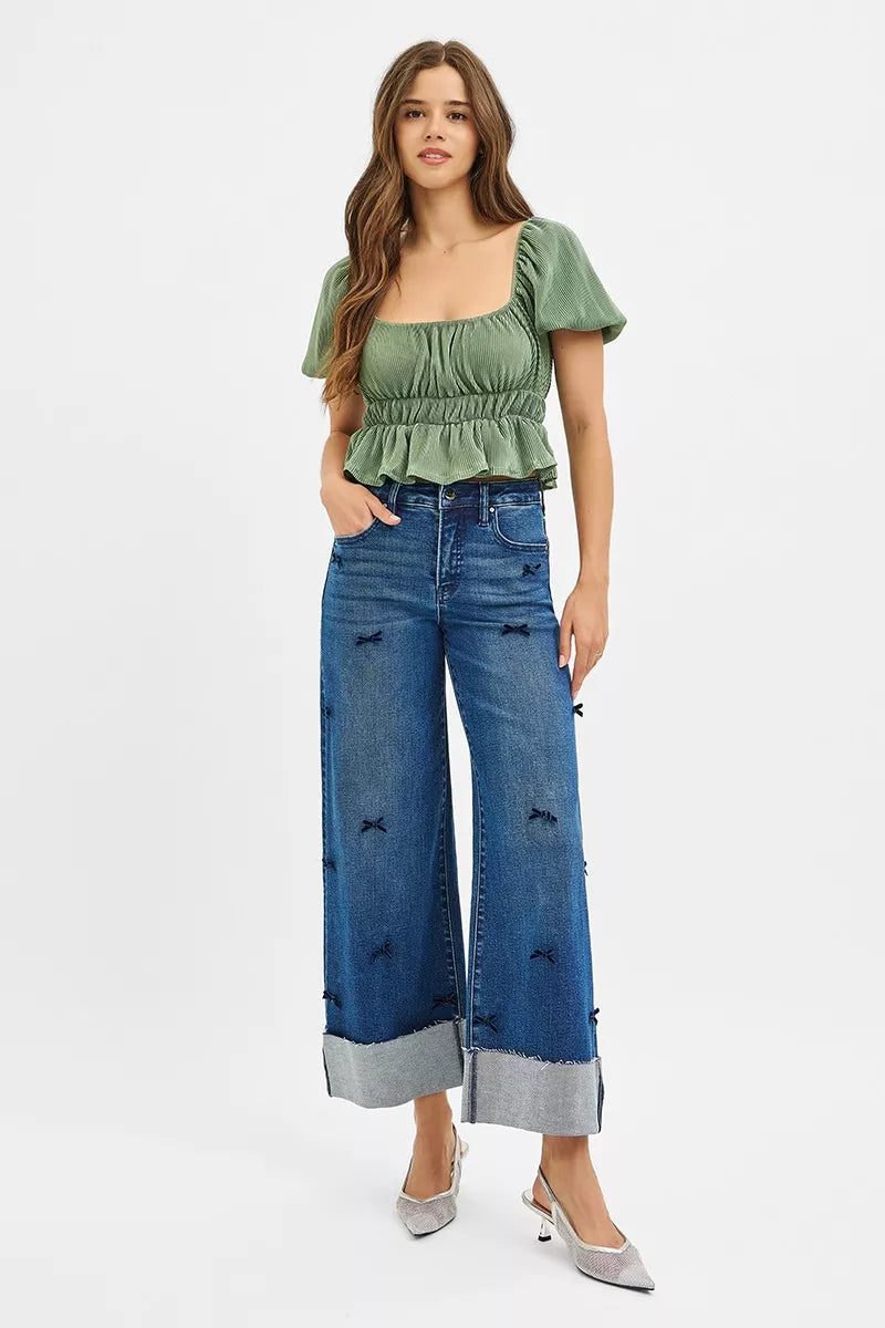 RISEN High Rise Crop Wide Leg Ribbon Detail Jeans - Sydney So Sweet