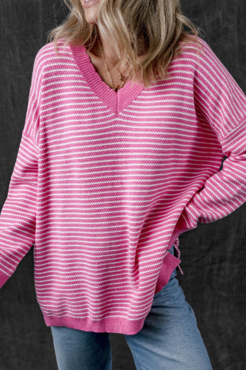 Striped V-Neck Dropped Shoulder Sweater - Sydney So Sweet