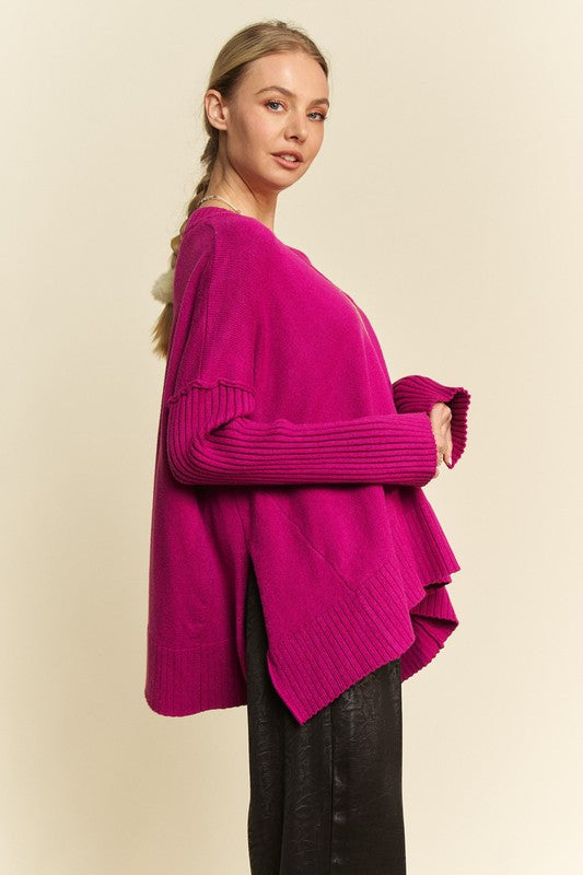 Davi & Dani Ribbed Side Slit V-Neck Sweater - Sydney So Sweet