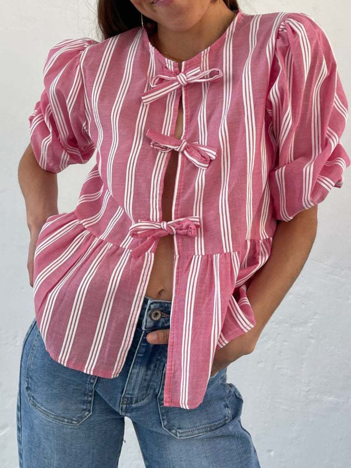 Tied Round Neck Balloon Sleeve Shirt - Sydney So Sweet