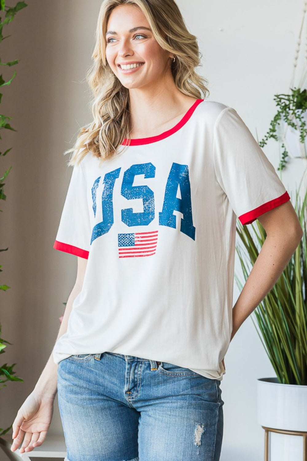 Heimish Full Size USA Contrast Trim Short Sleeve T-Shirt - Sydney So Sweet