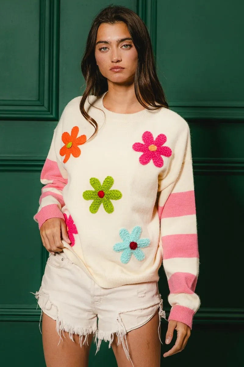 BiBi Colorful Floral Patched Sweater with Striped Sleeve - Sydney So Sweet