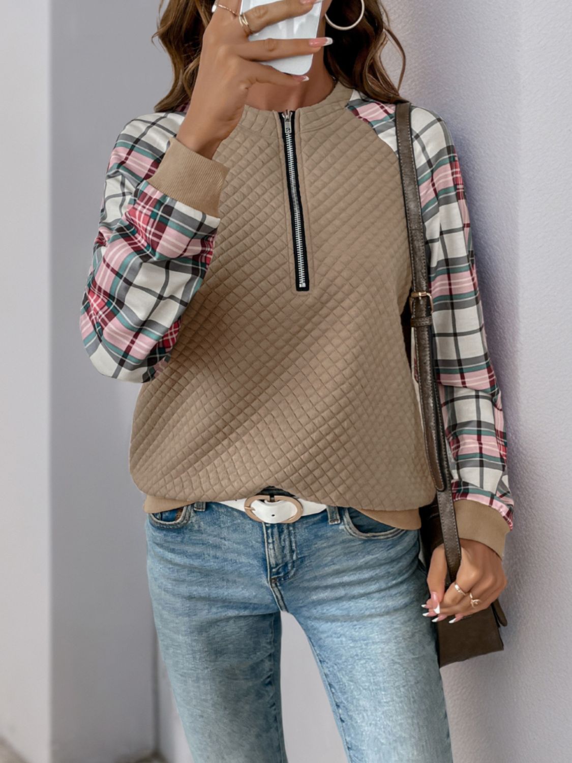 Perfee Plaid Half Zip Long Sleeve Texture Sweatshirt - Sydney So Sweet