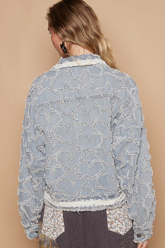 POL Star Textured Raw Hem Long Sleeve Denim Jacket - Sydney So Sweet