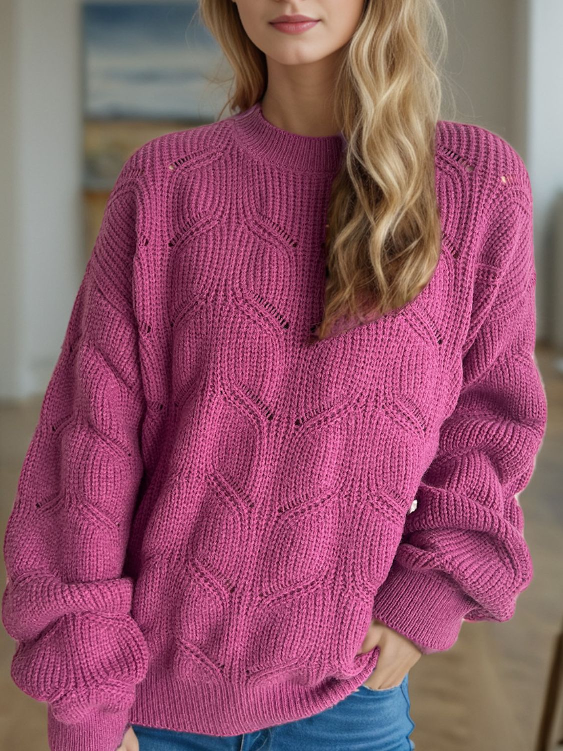 Openwork Round Neck Dropped Shoulder Sweater - Sydney So Sweet