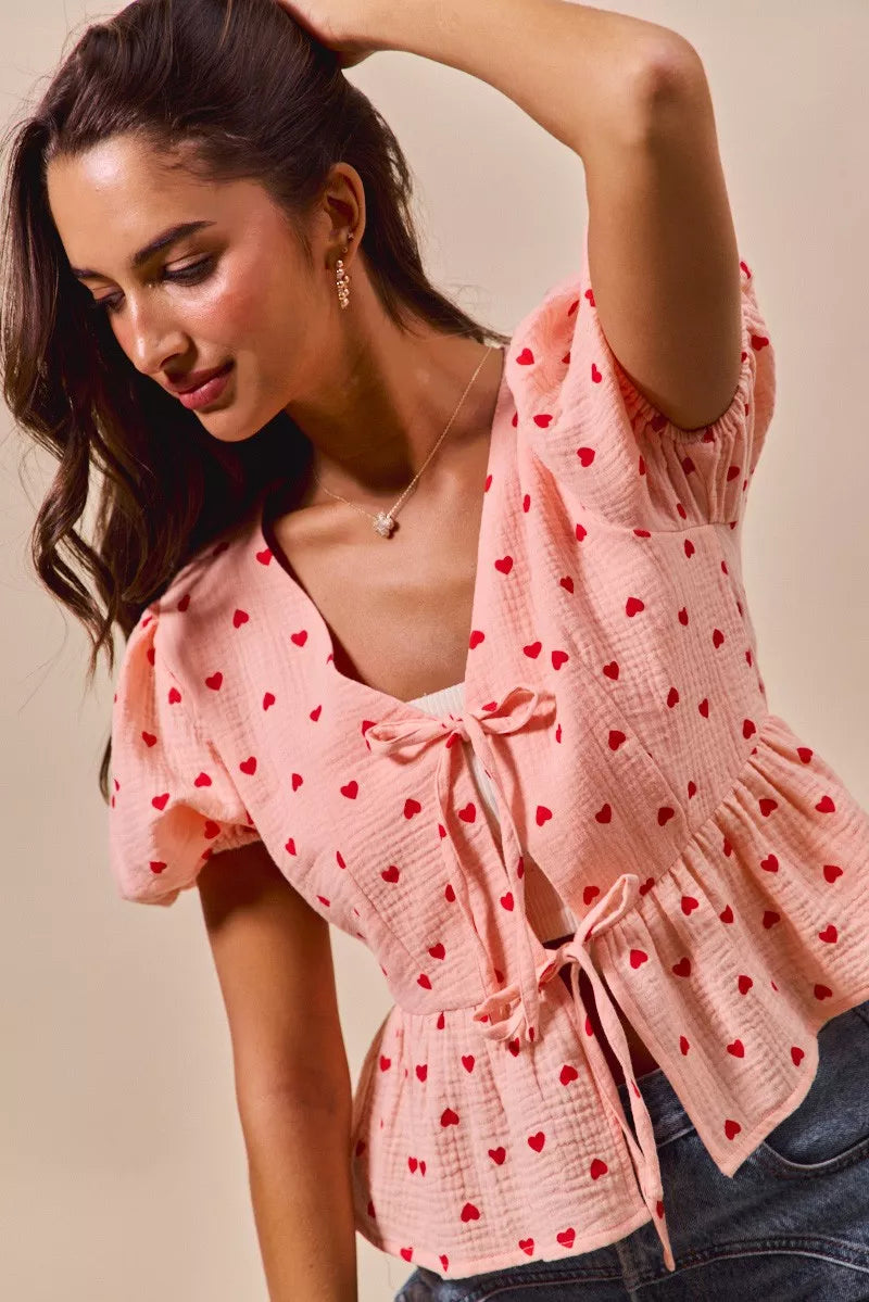SO ME All Over Heart Ribbon Tie Baby Doll Valentine Blouse - Sydney So Sweet