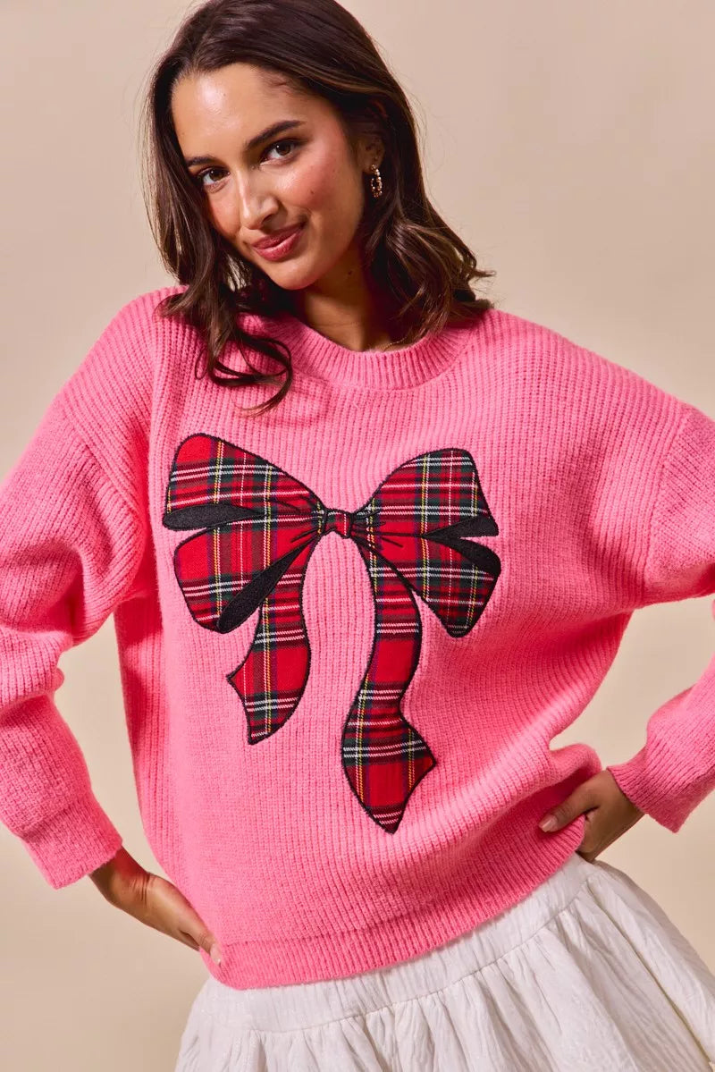 SO ME Checker Plaid Ribbon Christmas Holiday Sweater - Sydney So Sweet